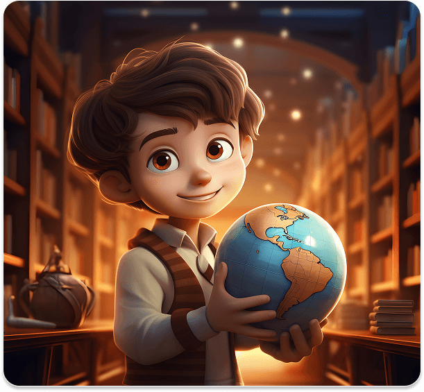 Child with globe in library