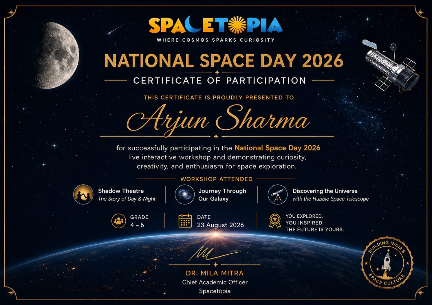 Sample Certificate of Participation for National Space Day 2026